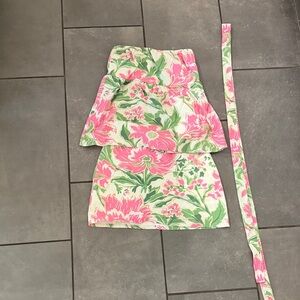 Floral Pink and Green Skirt Set with scarf